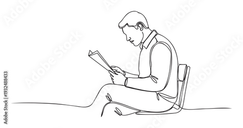 Minimalist continuous line drawing of a person sitting and reading a document, ideal for educational content, business concepts, or representations of quiet focus.