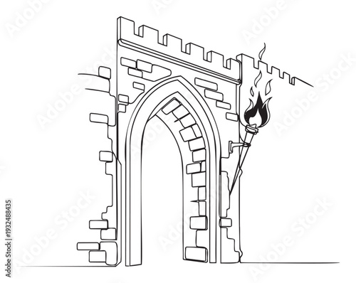 A minimalist line drawing depicting a medieval castle gate with an illuminated torch, perfect for graphic design projects requiring a historical or fantasy architectural element.