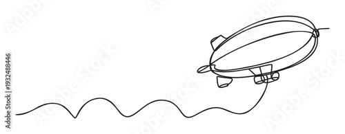 Minimalist continuous line drawing of an airship gracefully flying across the sky, perfect for conveying themes of travel, freedom, exploration, and adventure in various modern media
