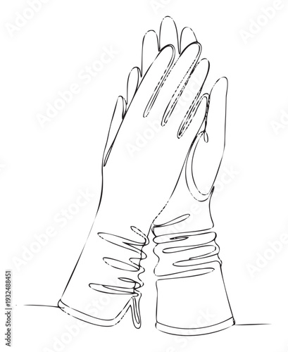 Elegant continuous line drawing of two gloved hands forming a serene gesture, ideal for graphic elements in fashion, wellness, or carerelated publications.