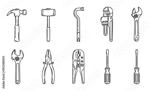 Essential construction and repair hand tools depicted in a clear line drawing style suitable for handyman projects, industrial guides, and home improvement resources.