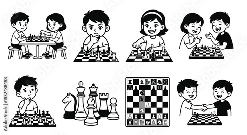 Children playing chess and interacting with chess pieces in black and white
