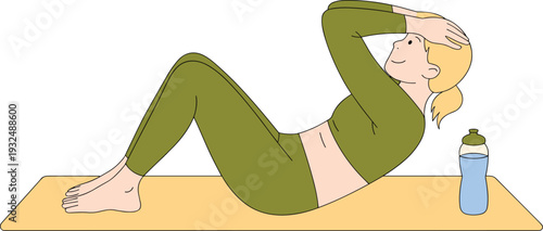 Smiling Young Woman Doing Abdominal Crunches on Yoga Mat, Concept of Core Strength Training and Fitness at Home, Healthy Active Lifestyle Routine, and Physical Workout Exercise Vector Illustration