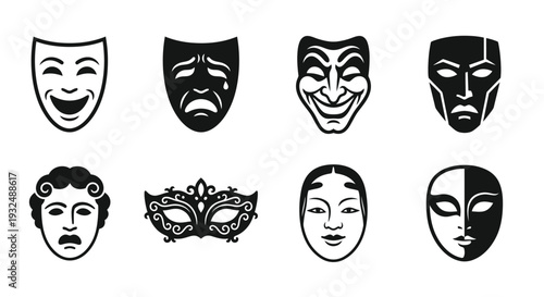 Collection of theatrical masks comedy tragedy and various designs