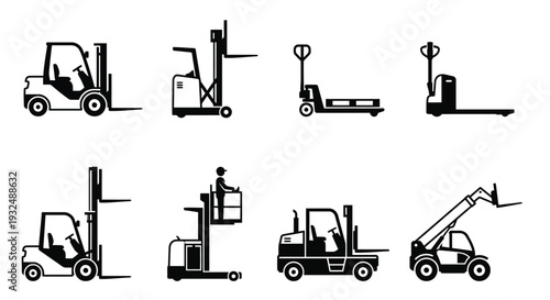 Variety of forklift and material handling equipment icons in black and white
