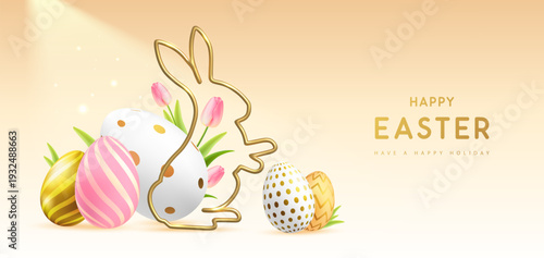 Happy Easter background with colorful easter eggs, golden rabbit silhouette and tulips. Holiday greeting card or poster. Vector illustration