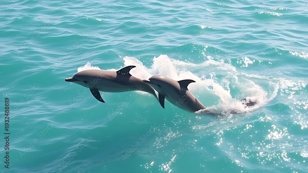 Fototapeta premium unanimity. Three dolphins leaping together in clear blue ocean water under sunlight. wildlife magazines, conservation campaigns, designed for eco-tourism storytelling, supports conservation.