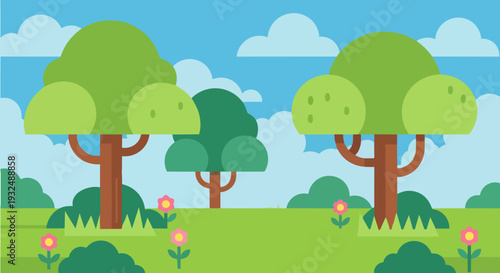 Serene landscape illustration featuring trees, flowers, and clouds in a peaceful meadow scene from a distant viewpoint.