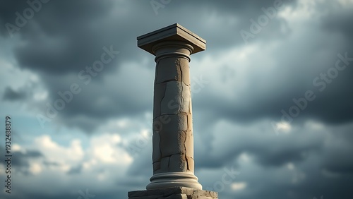 exhaustive. Weathered stone pillar with cracks against a cloudy sky, dramatic side lighting. travel magazines, destination branding, designed for outdoor magazines and nature guides.