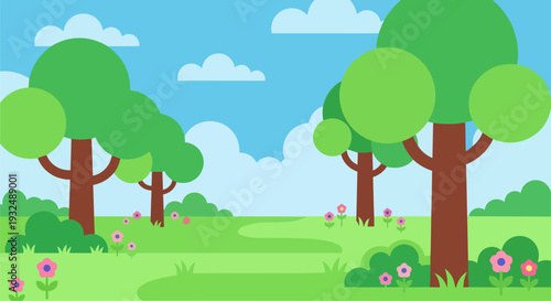 Serene landscape with trees and flowers in a lush green field under a blue sky with white clouds