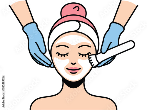 Young Woman Receiving Professional Facial Mask Treatment at Spa, Concept of Skin Care Routine and Aesthetic Wellness, Cosmetologist Applying Cream for Rejuvenation and Hydration Vector Illustration