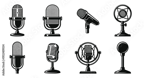 Vintage and modern microphones in a black and white illustration