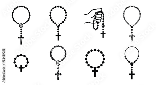Black and white illustrations of rosaries and religious crosses