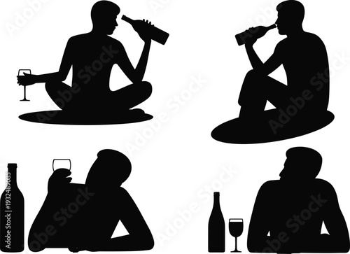 Man drinking alcohol silhouette set with bottle and glass isolated on white background, addiction problem and unhealthy lifestyle concept illustration
