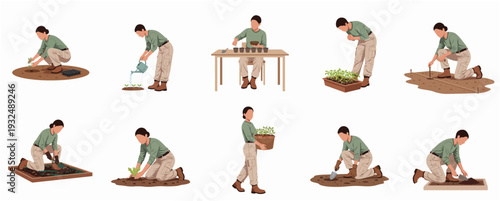 Detailed Flat Style Illustration Showing Woman Gardening Process Steps