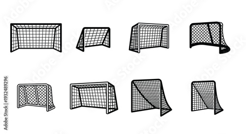 Line art illustrations of soccer goals in various perspectives and styles