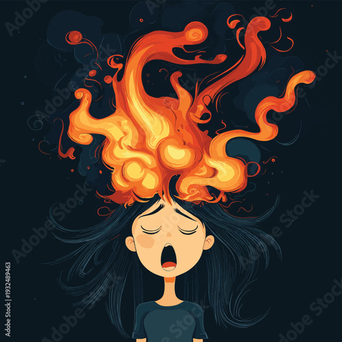 A cartoon woman screaming because her hair has burst into flames and smoke. , vector style simple color