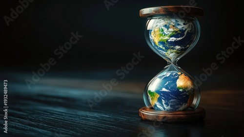 two earth globes enclosed in a wooden hourglass on a reflective dark table, moody lighting conveying urgency and fragile passage of time