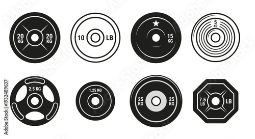 Black and white illustrations of weight plates with varying kilogram amounts