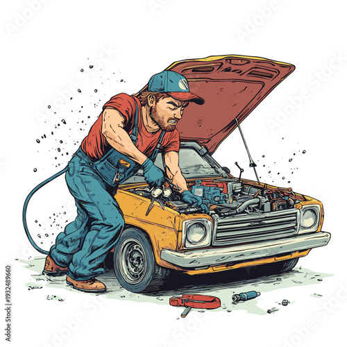 A cartoon car mechanic struggles with tangled, spraying hoses while attempting repair work under the hood. , vector style simple color