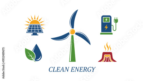 Clean energy symbols including wind, solar, water, and geothermal  