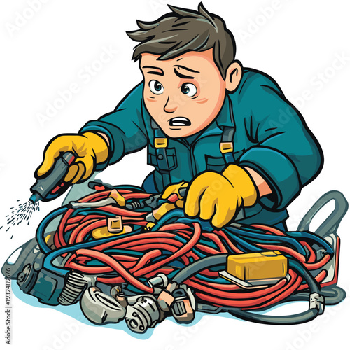A cartoon car mechanic struggles with tangled, spraying hoses while attempting repair work under the hood. , vector style simple color