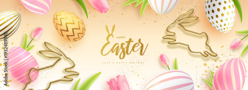 Happy Easter background with colorful easter eggs, golden rabbit silhouettes and tulips. Holiday greeting card or poster. Vector illustration