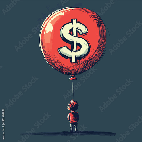 A cartoon man fears that an inflating red balloon in the shape of a dollar sign is going to pop. , vector style simple color