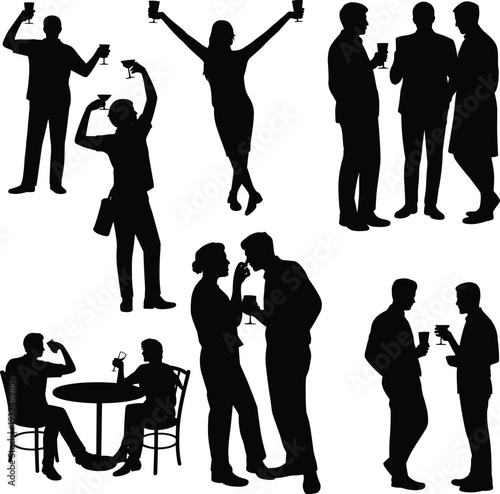 Party people silhouette collection, friends drinking and celebrating vector set, social gathering black illustration isolated nightlife design pack