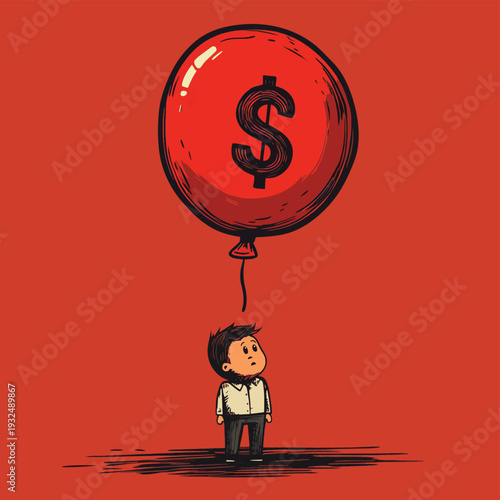 A cartoon man fears that an inflating red balloon in the shape of a dollar sign is going to pop. , vector style simple color