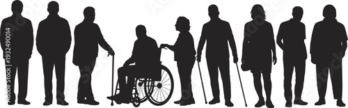 People with disabilities silhouette collection including wheelchair and crutches isolated on white background, accessibility inclusion concept illustration design
