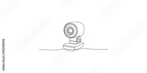 A simple line drawing of a computer webcam with a circular lens and adjustable base.
