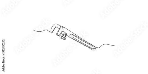 Continuous line drawing of a professional adjustable pipe wrench tool for plumbing work