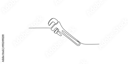Single line drawing of an adjustable pipe wrench for plumbing and home repair projects.