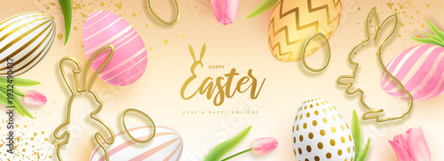 Happy Easter background with colorful easter eggs, golden rabbit silhouettes and tulips. Holiday greeting card or poster. Vector illustration