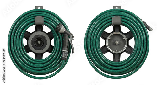 Photos Green garden hose on reel with nozzle on transparent background
