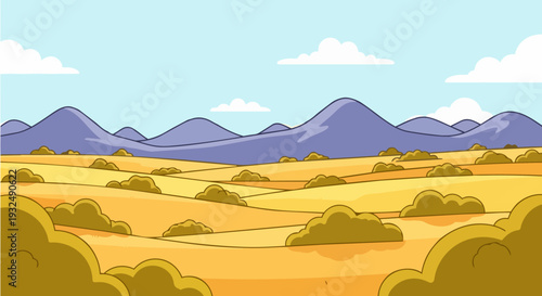 A serene landscape illustration of mountains, hills, and fields under a clear blue sky with fluffy white clouds
