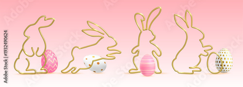 Set of 3d metallic golden rabbit silhouettes and colorful Easter eggs on pink background.  Vector illustration