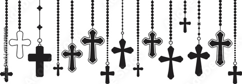Rosary cross silhouette collection, Christian crucifix necklace vector set, religious pendant illustration, black catholic symbol isolated design pack