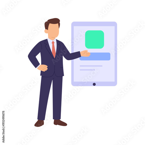 Digital Product Showcase, Displaying digital solution through interactive screen, Flat vector character illustration