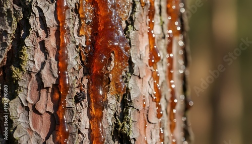 Tree trunk with resin flowing down the bark in a forest.