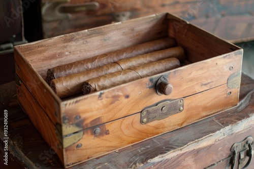 Hand rolled cuban cigars are neatly arranged inside an open wooden box placed on top of a vintage trunk, creating a luxurious and timeless image