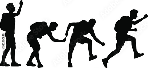 Silhouette of backpacker hiking progression, from standing to climbing mountain trail isolated on white background adventure concept outdoor travel fitness journey exploration