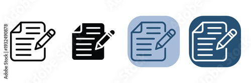 Edit note icon set in multiple styles illustrating document and pencil elements, writing functions, editing tools, file customization, and clean professional vector illustration