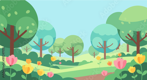 A serene landscape with trees, flowers, and a winding path in a peaceful garden scene from a distant viewpoint