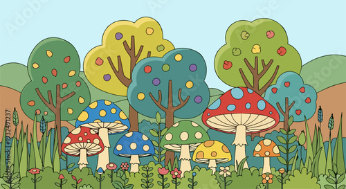 Vibrant mushrooms and trees in a whimsical forest scene from a child's perspective