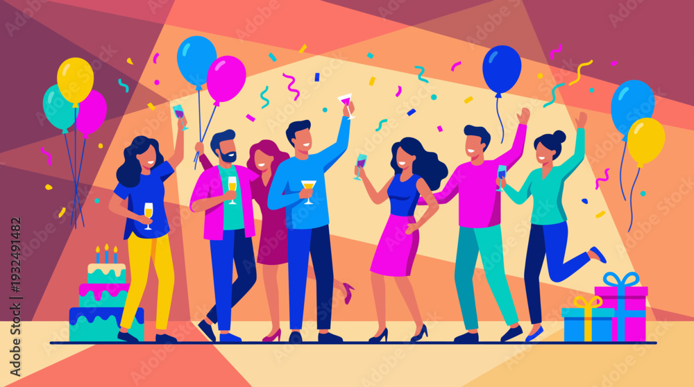 Fototapeta premium Diverse Group Celebrating with Balloons and Gifts.