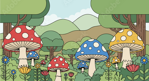 Colorful mushrooms thriving in a lush forest surrounded by trees and flowers from a bird's eye view