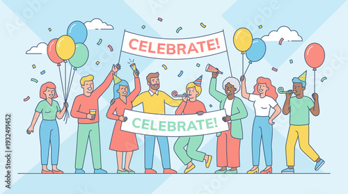 Diverse Group Celebrating with Balloons and Banners.
