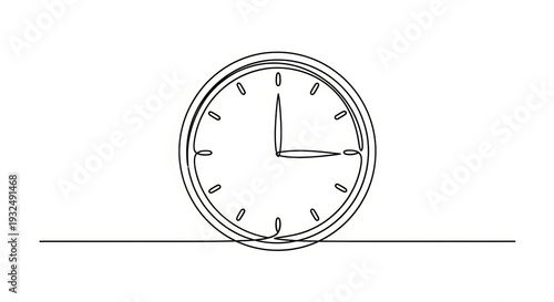 Continuous line drawing of a clock face indicating 3 o'clock, minimalist style